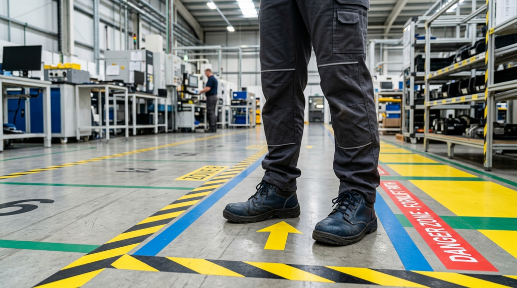 Close-up professional photograph of a workers feet and lowe