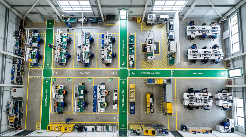 Overhead view of a productivity-optimized office or producti