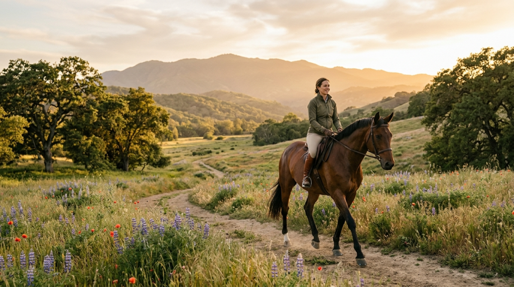 Photorealistic serene image of a horse and rider in natural