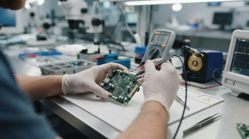 Close-up of a technicians hands carefully inspecting and te