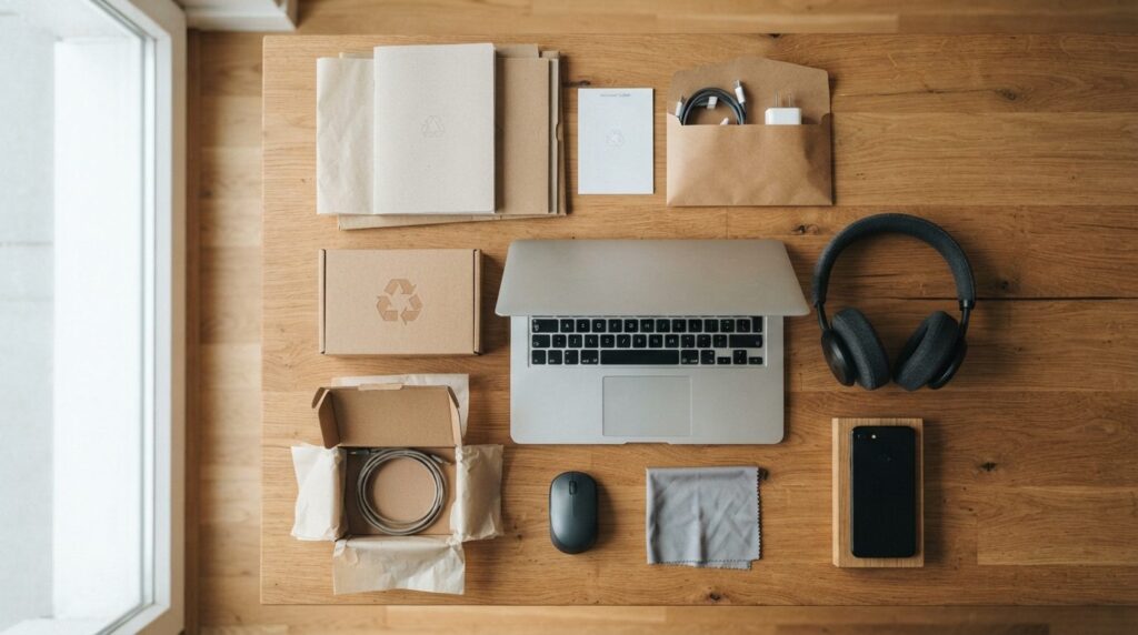Modern minimalist flat lay composition showing refurbished t