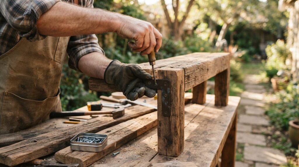Close-up detailed shot of hands assembling reclaimed wooden 