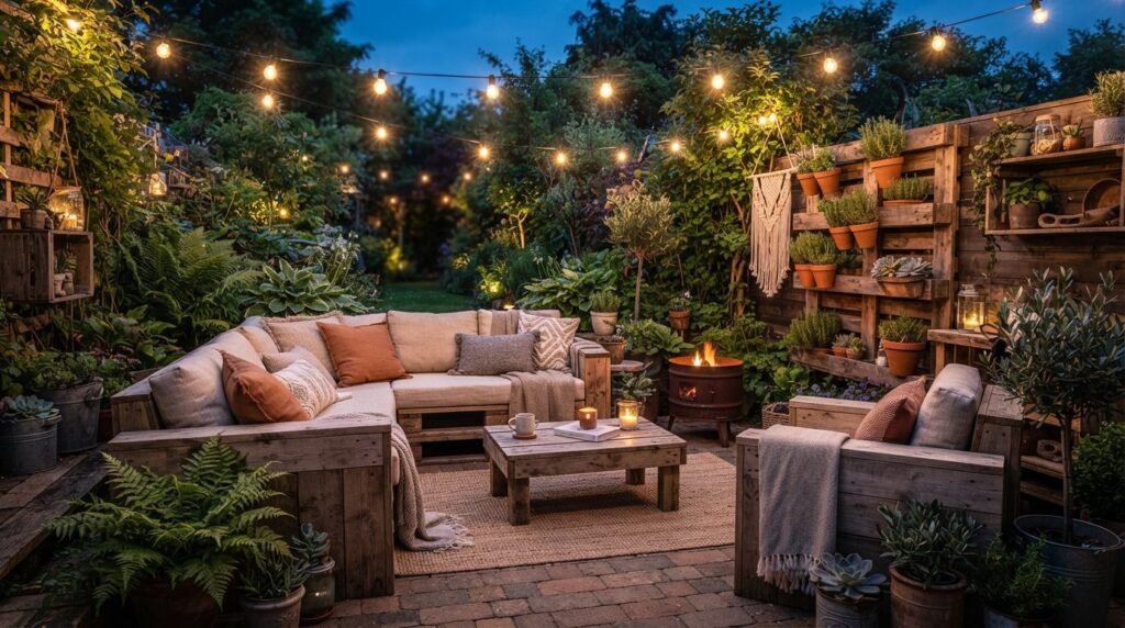 Finished modern outdoor living room created from repurposed 