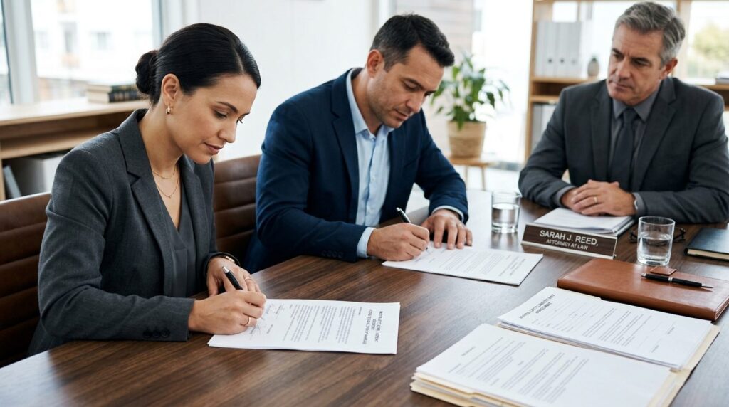 Close-up of two people signing divorce documents at wooden t