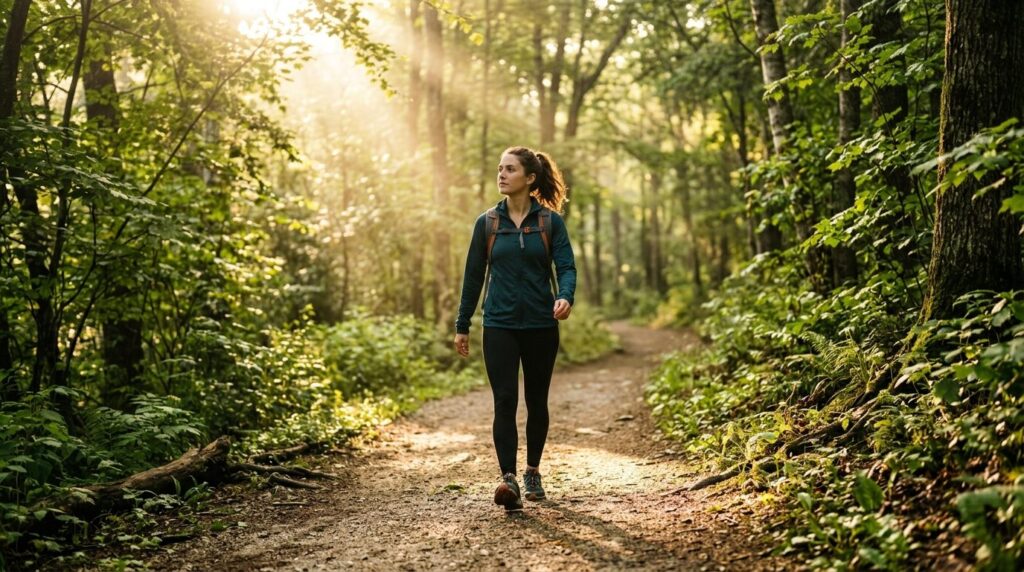 Woman walking alone on peaceful nature path with morning sun