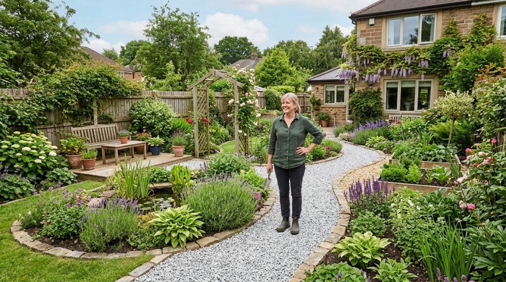Wide landscape shot of a transformed residential garden spac